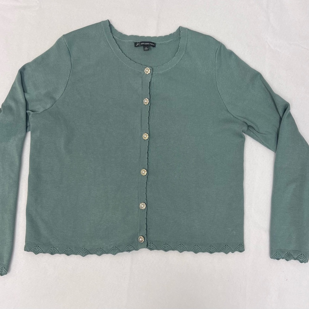 Adrianna Papell Sage Green Button-Front Cardigan Med.